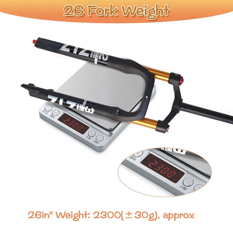 Fat Tire MTB Air Suspension Fork With Rebound Adjust, 120mm Travel, 135mm Hub on scale showing 2300g weight.