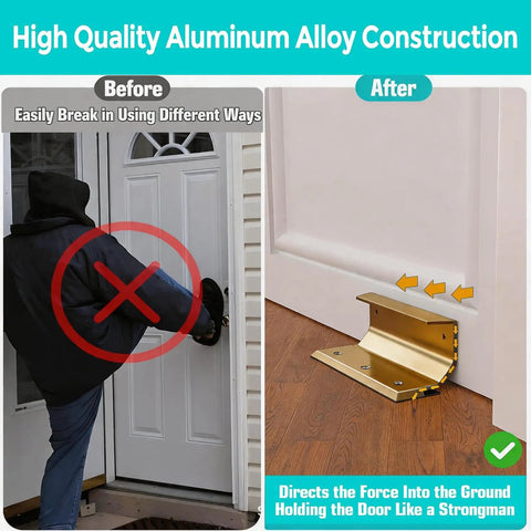 Heavy Duty Floor Door Lock And Security Barricade Anchors Interior Doors Tight To The Floor To Keep Burglars Out Cold With Rock Solid Rugged Aluminum Frame before and after installation