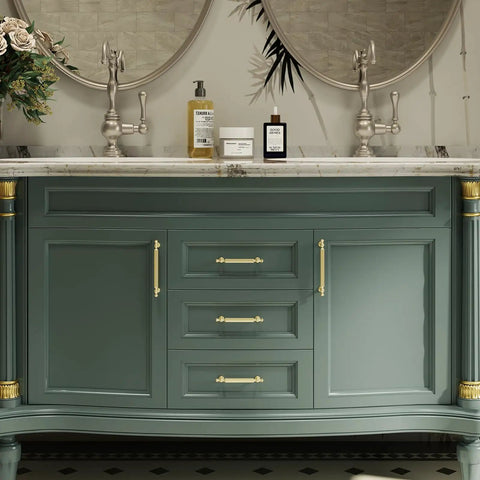 Green bathroom vanity with 30 Pack 3 Inch Gold Cabinet Pulls Brushed Gold Drawer Handles Zinc Alloy Cabinet Hardware.