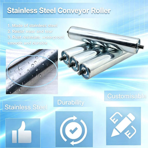 Hefty 5 Pack Heavy Duty Conveyor Rollers Built From Gritty 201 Stainless Steel Material Handling Equipment Replacement Parts for Tough Warehouses and Garages With Smooth Spring Loaded Industrial Transport Action, showcasing stainless steel rollers.