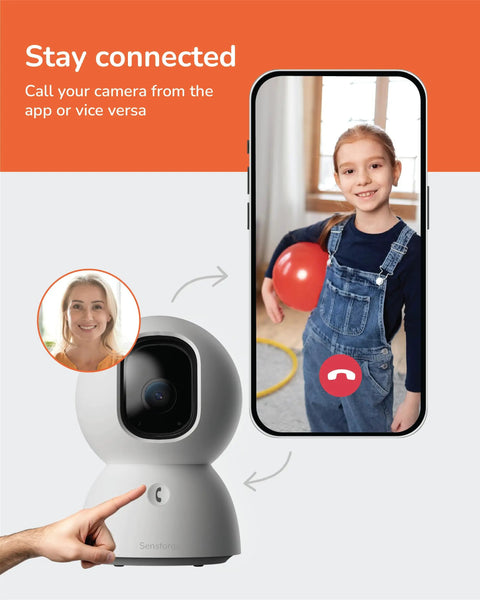 2.5K Pan-Tilt Security Camera With 360 Degree View, Dual Band WiFi, Two Way Talk with phone displaying video call