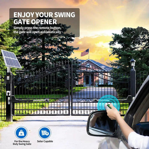 Heavy Duty Dual Swing Gate Opener Workhorse With Smart Automation And Sturdy Motors Built Tough For Seamless Driveway Access being activated from a car.