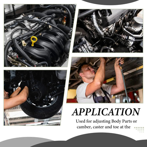 Collage of images showing auto body and fender alignment work using a shim kit, including a mechanic adjusting car parts.