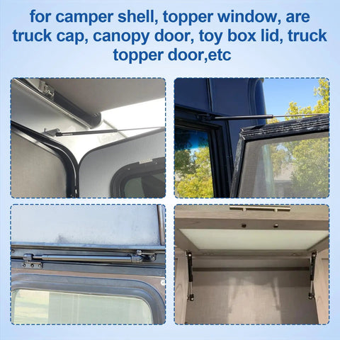 Images showing applications for Twenty Inch Rv Door Gas Strut For Camper Compartment Lift Support with various mounted setups.