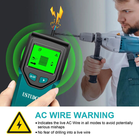Heavy Duty 5 In 1 Electronic Stud Finder And Wall Scanner with LCD, showing AC wire warning while drilling.