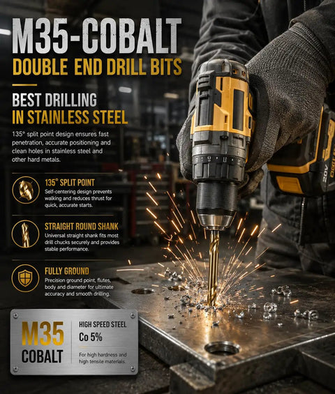 Person using Beefy Double End Cobalt Drill Bit Set One Eighth Inch Stubby Body For Steel Metal Iron Ten Pack on metal plate