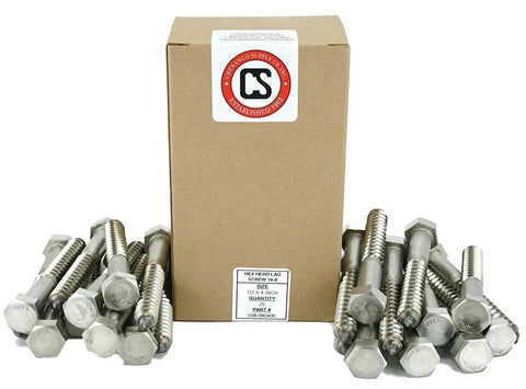 Built Tough 1/2 X 4 Inch Hex Lag Screws Crafted From Top Shelf 18-8 Stainless Steel A Pack Of 25 displayed beside their packaging.