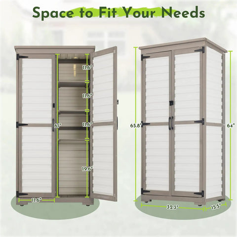 Tall Outdoor Storage Cabinet With Adjustable Shelves For Garden And Garage White Plastic And Wood Build Waterproof Roof