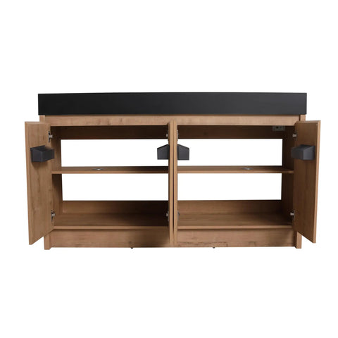 Slick 60 Inch Matte Black Resin Vanity Sink With Heavy Hitter Thick Edge Profile For Top Shelf Bathroom Upgrade Solid Resin Basin Top Mount on wooden cabinet with open doors.