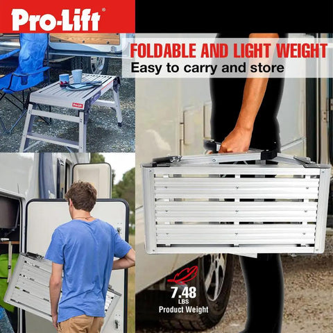 Heavy Duty Aluminum Step Ladder And Portable Workbench With Non Slip Platform Folding Stepstool Built Tough To Handle Four Hundred Pounds Without Breaking A Sweat For Auto Detailing And Handyman Projects being carried, lightweight, foldable, portable design.