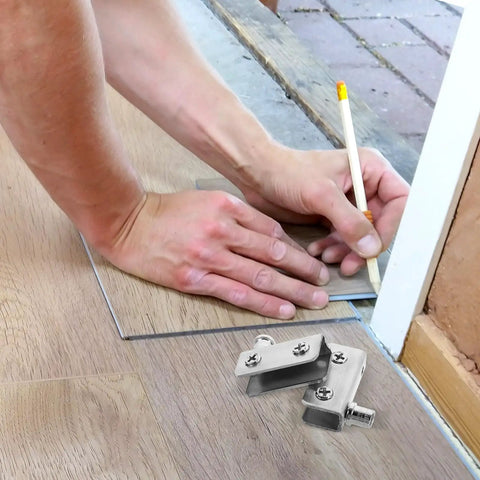 Stainless Steel Glass Door Hinges Set For Cabinet Doors, Four Pack, shown on wooden surface with hands measuring.
