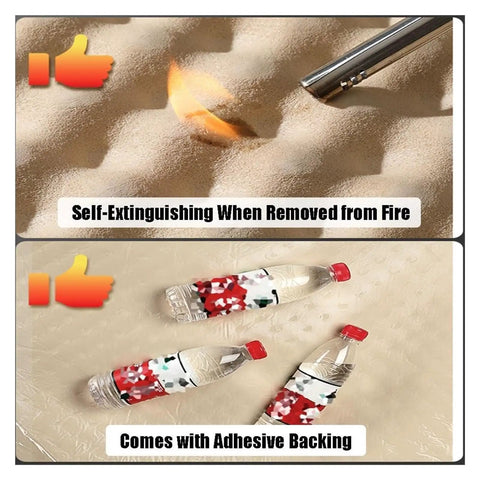 Image showing self-extinguishing foam being lit and bottles with adhesive backing, showcasing safety features.