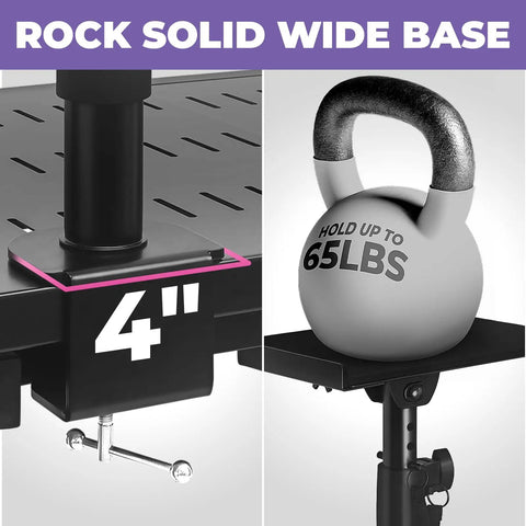 Ergonomic Laptop Desk Mount For Piano Keyboard And DJ Setups, with 4-inch wide base and 65 lbs weight test, showing stable support.