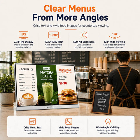 23.8 Inch Countertop Digital Signage Display With Scheduled Power Cycling And Cloud Content Sync For Restaurant Menus And Retail Kiosks showcasing a coffee menu.