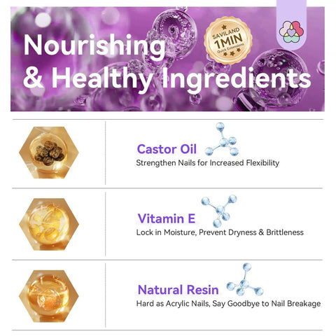Image showing nourishing ingredients in the Hema-Free Poly Gel Nail Kit Starter With UV Lamp And Slip Solution, including Castor Oil, Vitamin E, and Natural Resin.