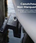 Close-up of rubber dock bumper on pier, cushioning boat hull. Rugged Rubber Bolt Down Dock Protection For Marinas and Piers Keeps Your Boats Safe From Impacts With Easy Secure Install No Fuss, Shock Absorbing Dock Bumper For Waterfront Use.