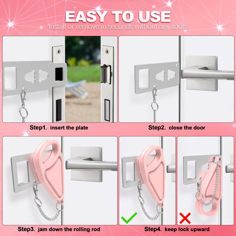 Portable Door Lock For Hotel And Home Security, Pink Travel Safety Latch Stopper Pair, installation steps with visual guide.