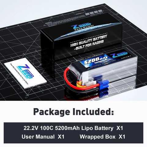Beefy 6S 5200mAh 22.2V 100C Soft Pack LiPo Battery With EC5 Connector shown with packaging and cables