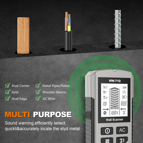 Hella Accurate Wall Stud Finder Scanner 5 In 1 AC Live Wire And Metal Detector showing wooden stud and metal wires.