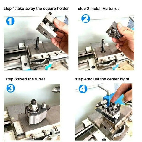 Quick Change Tool Post Holder For Mini Lathe With Multifix Style Pro Grade installation steps shown on lathe.