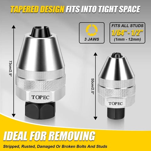 Heavy Duty Cr Mo Steel Stud Extractor Set With 1/4 And 3/8 Drive showing tapered design and dimensions for removing stripped bolts.