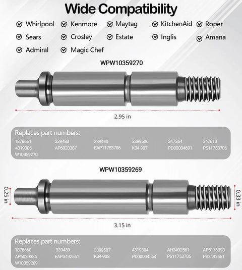 Top Shelf Dryer Drum Support Roller Shaft Replacement Kit Wpw10359269 Wpw10359270 pair showing dimensions and compatibility details.