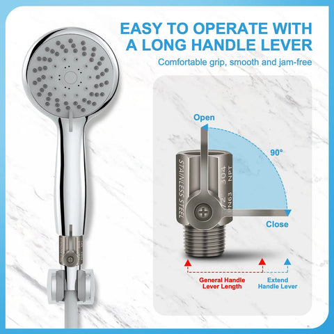 Front view of stainless steel shower head with long lever shut-off valve, 304 stainless, 1/2 in NPT thread