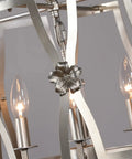Close-up of Brushed Nickel Drum Pendant Chandelier For Dining Room 4 Light Modern Round Fixture With Floral Silver Chrome Finish