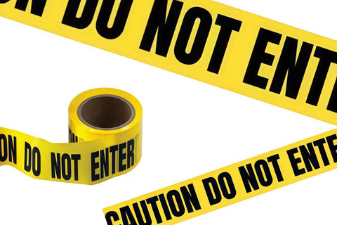Heavy Duty Yellow And Black Caution Barricade Tape For Job Sites And Crew Patrols Non Adhesive Plastic Warning Roll with text.