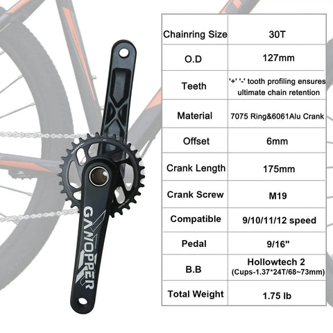 Product image showing 175Mm MTB Crankset With 30T Narrow Wide 104 BCD Chainring 50Mm Chainline, 7075 Aluminum, and specs table.