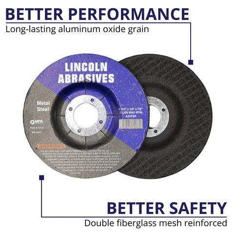 Heavy Duty 50-Pack 4.5 Inch Grinding Wheels T27 Depressed Center For Metal With Aluminum Oxide Grain, Fiberglass Reinforced, 1/4 Inch Thick, 7/8 Inch Arbor, Multipurpose Grinding, Deburring, Rust Removal
