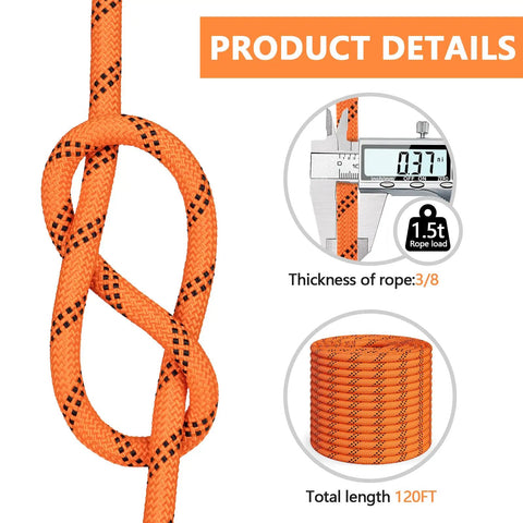 Top Shelf Braided Polyester Arborist Rope 3/8 Inch By 120 Feet With 48 Strands, measuring thickness and coil.
