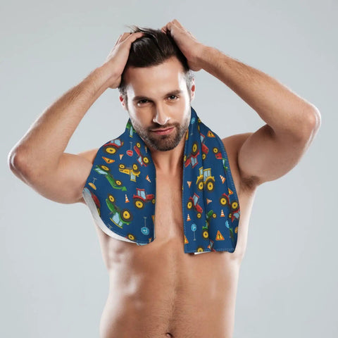 Man using Ultra Soft Microfiber Bath Towel for Adults Quick Dry Absorbent Gym Pool Shower with colorful pattern around neck