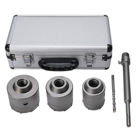Concrete Hole Saw Kit With Tungsten Steel YG8C Alloy Triple Tooth Design, Ventilation Holes For Quick Drilling Through Hollow Bricks, Cement Walls And Concrete, Universal Hammer Drill Compatible. Set with case, three cores, arbor and bit.