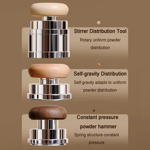 58 Mm Espresso Tamper Kit With Fine Wdt Needle Tool And Gravity Distributor, showing stirrer, self-gravity, and constant pressure tools.
