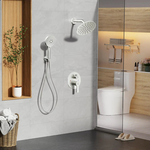 8 Inch Brushed Nickel Shower Faucet Trim Kit With Air Blended Pressure Rain Head And Handheld Sprayer Solid Brass Rough In Valve on bathroom wall