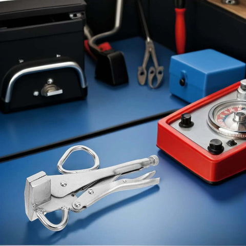 Heavy Duty Locking Sheet Metal Clamp Pliers for auto body repair on workbench with tools and control panel