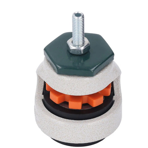 Heavy Duty Stem Caster With Swivel And Adjustable Leveling Plate, Tough As Nails 880 Pound Load Capacity For Furniture And Workshop Equipment, Legit Smooth Nylon Rollers That Glide Like Butter, close-up view of caster with hex nut and orange shock bands.