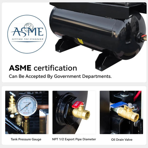 ASME certified 30 gallon tank for Get This Badass 3-in-1 MutsMover Gas Powered Air Compressor Generator And Welder with pressure gauge.
