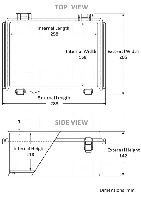Technical drawing of Waterproof IP67 ABS Plastic Electrical Junction Box Enclosure dimensions, top and side views.