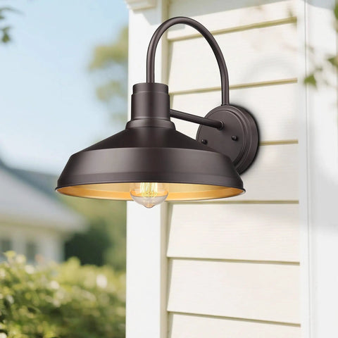 Gooseneck Outdoor Barn Light Wall Sconce Set Exterior Porch Lighting Fixture in Oil Rubbed Bronze mounted on house wall