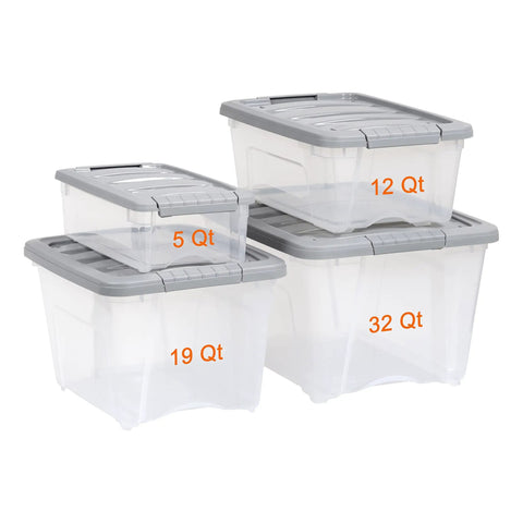 Straight Up Heavy Duty 32 Quart Clear Storage Bins With Secure Latching Lids Stackable Organization Containers in various sizes.