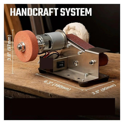 Tiny Electric Belt Sander Machine With Grinder Set For Knife Sharpening And Polishing Compact Desktop DIY Tool For Edges And Blades at 6.3 inches.