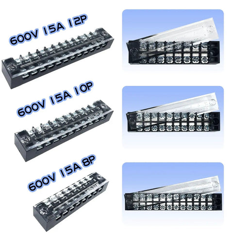 Heavy Duty Dual Row Bus Bar Terminal Block Kit With Pre Insulated Covers For Straight Up Clean Ground Circuit Wiring 600V 15A Power Distribution Strip 6 Set Pack, showing 12P, 10P, and 8P configurations.