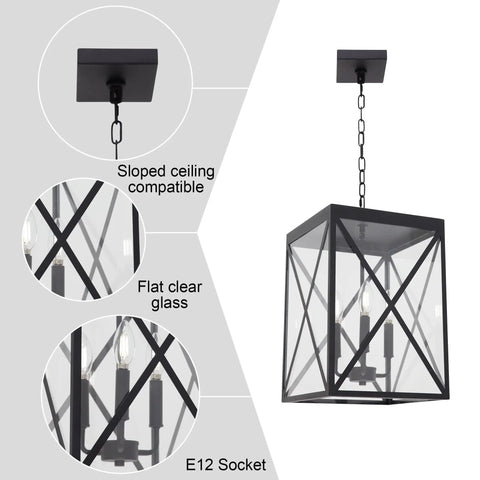 Outdoor Pendant Light Black Finish With Clear Glass, 1 Light Exterior Hanging Ceiling Lantern With Elongated Crisscross Frame