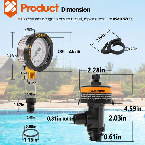 Front view of DearChan 98209800 high-flow manual relief valve with pressure gauge for pool/spa filter (1 pack).