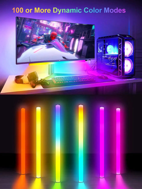 Monitor Down Light Bar RGB Desk Light for PC Setup With Dynamic Rainbow LEDs illuminating a gaming desk and tower