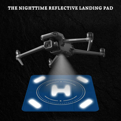 Nighttime Reflective Drone Landing Pad with glowing lights in dark, drone hovering above, Fast Fold Double Sided Waterproof Landing Mat