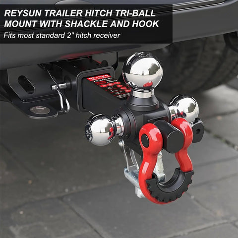 Tri Ball Trailer Hitch Mount With Swivel Tow Shackle And Hook For 2 Inch Receiver Chrome Trailer Balls In 1-7/8 Inch 2 Inch And 2-5/16 Inch Sizes Go To Heavy Duty Gear With 5/8 Inch Hitch Pin attached to vehicle