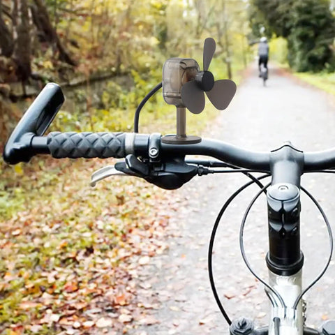 Wind Power Mini Turbine USB Charger For Outdoor Adventures 5W Portable Wind Generator on bike handlebar in forest path